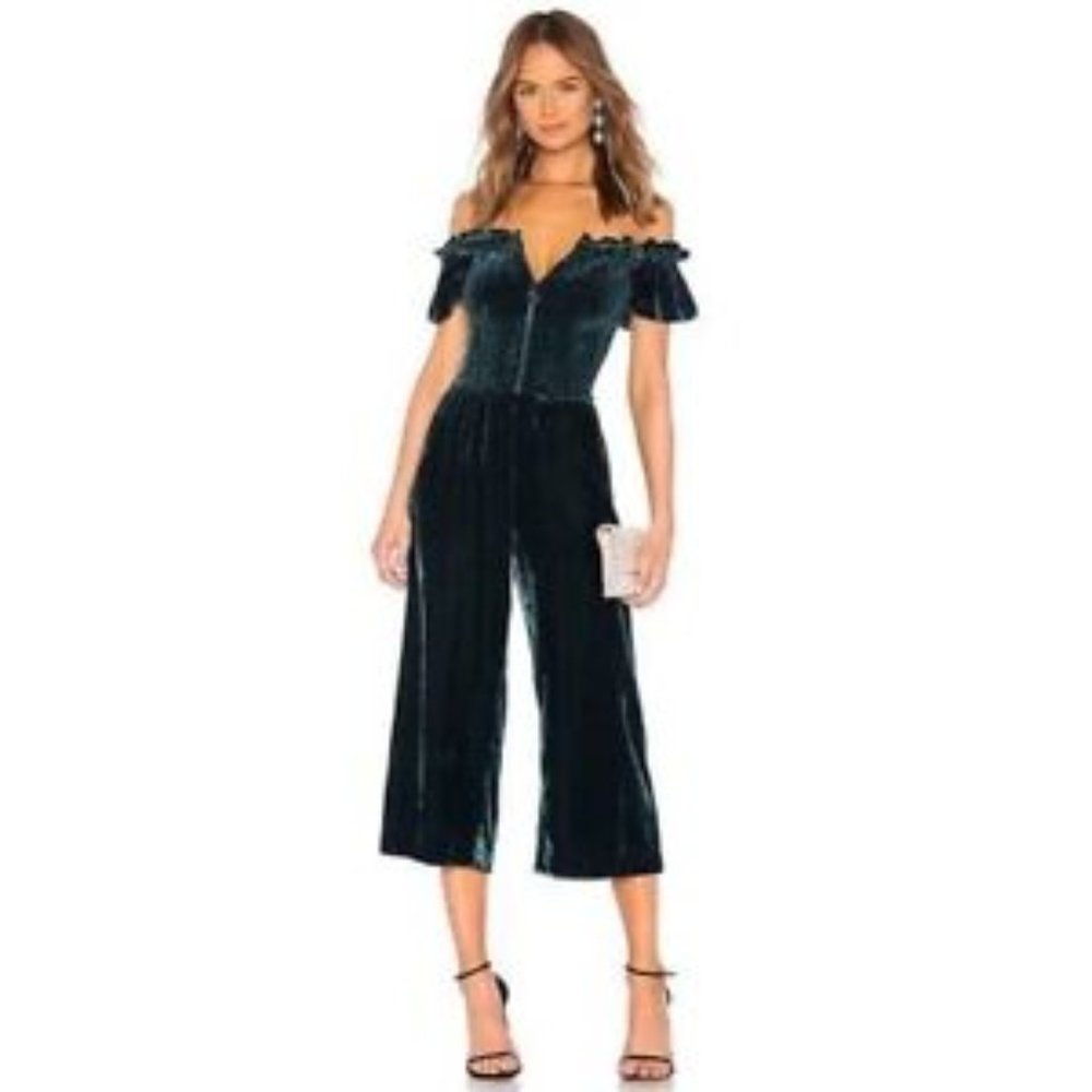 NWT Parker Londyn Velvet Off the Shoulder Jumpsuit in Everglade Green Size 4